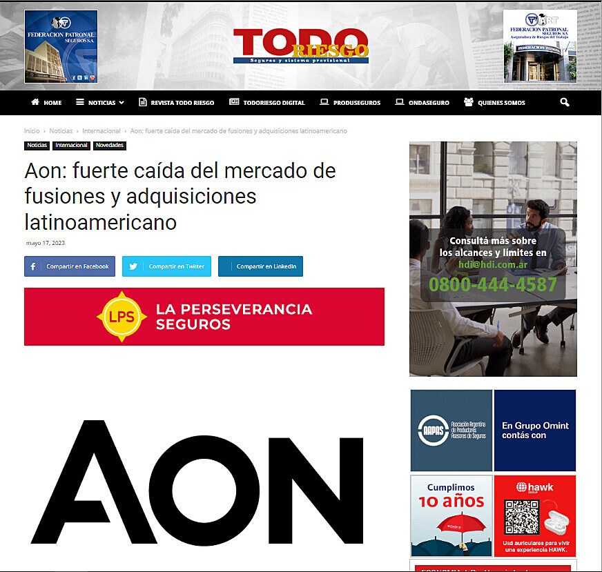 Aon: fuerte cada del mercado de fusiones y adquisiciones latinoamericano